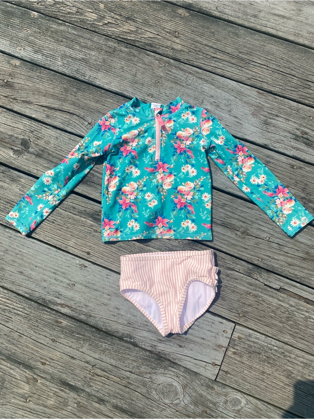 Ruffle Butts Floral Long-Sleeve Rash Guard Set - Turquoise & Pink
